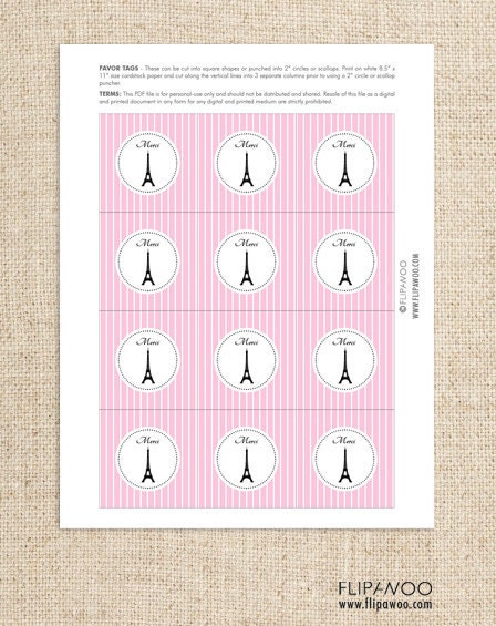 Paris Eiffel Tower Favor Tags or Labels by FLIPAWOO - A Night in Paris Collection - Customized Printable File