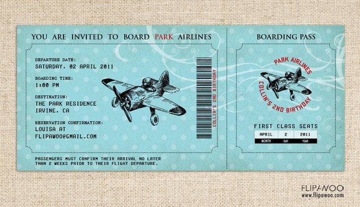 Vintage Airplane Invitation (Boarding Pass Style) for a Birthday Party or Shower by FLIPAWOO - Customized Printable File