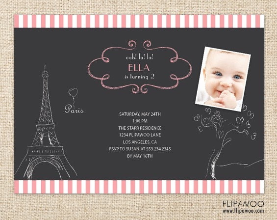 Paris Birthday or Shower Invitation - Chalkboard Style with Doodle Drawing Invitation - Customized Printable File