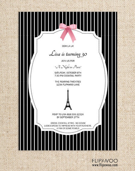 Paris Invitation with Eiffel Tower and Tied Ribbon Design by FLIPAWOO - A Night in Paris Collection - Customized Printable File
