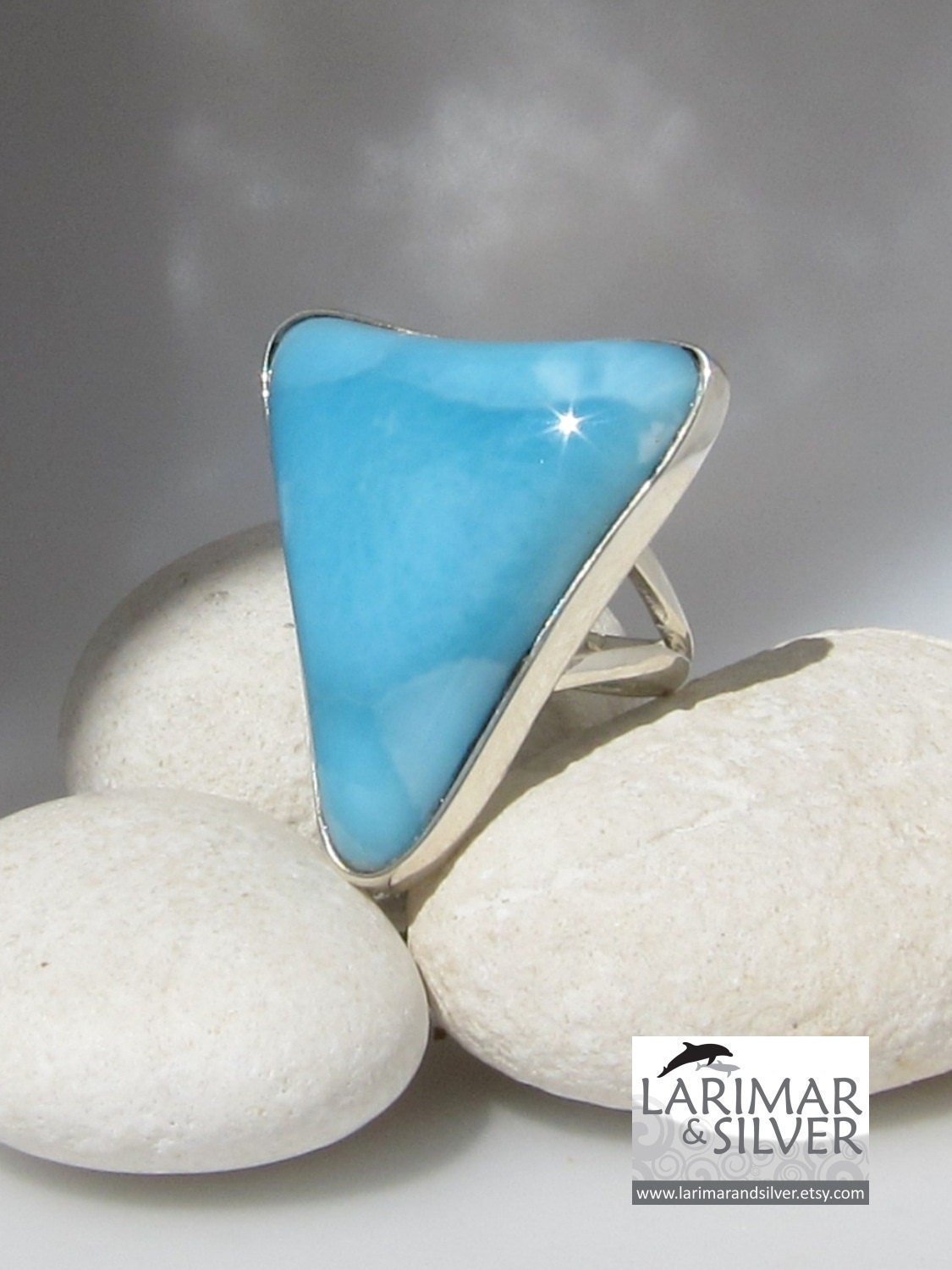 Larimar cocktail ring - Arrow in the Sky, striking AAA sky blue Larimar triangle stone - US 8