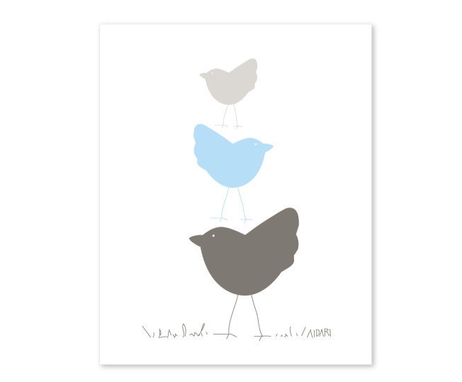 Birds Digital Print Dusk Blue and Taupe Bird Stack Nursery Art Children Home Decor Spring Pastel Colors