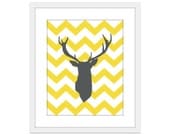 Deer Antlers Stag Chevron Art Print  Yellow and Grey Modern Home Decor Zigzag