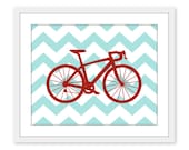 Bike Chevron Nursery Wall Art Print Modern Home Decor  Bicycle Teal and Red - AldariArt