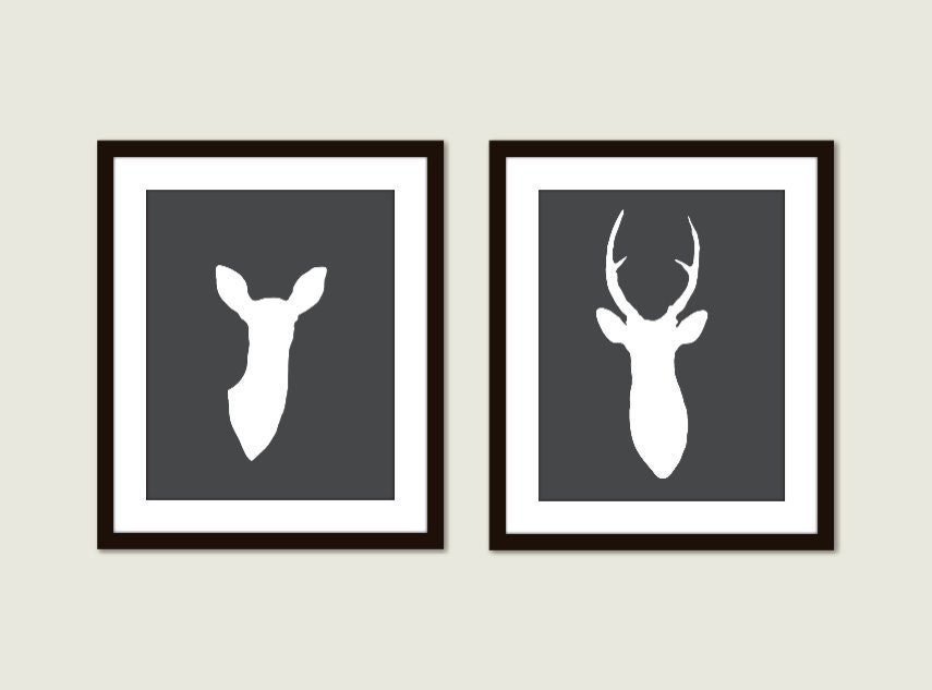 Deer Antlers Modern Digital Print Set - Wall Art - Rustic Woodland Home Decor - Charcoal Dark Grey - Stag and Doe Couple - Wedding Gift