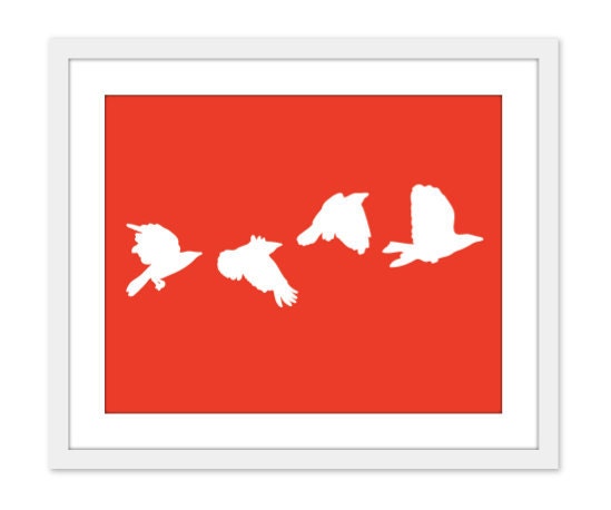 Birds Wall Digital Print - Modern Home Decor - Tangerine Tango - Red - Crows in Flight - Office Decor