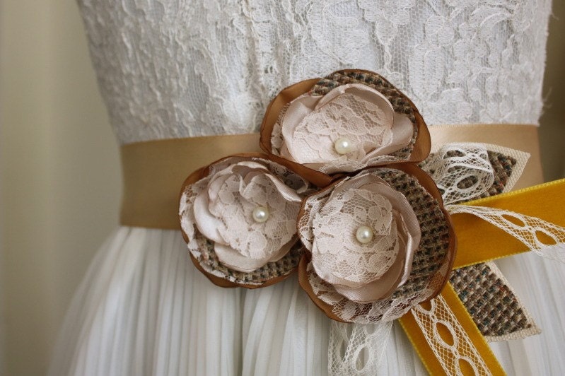 Rose Belt in Pecan, Caramel Brown, Mustard Yellow Velvet, Tweed and Lace (also pictured matching clip) Style No. 13