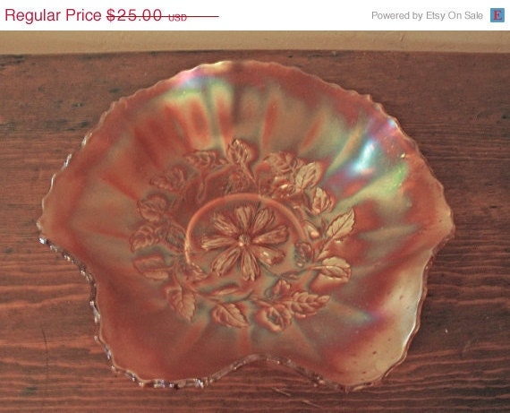 ON SALE Vintage Carnival Glass Marigold Ruffled Bowl with Cosmos Flower and Leaves
