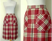Vintage 60s raspberry plaid skirt mod apron pockets (small)