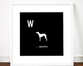 Whippet print poster art illustration silhouette typography alphabet