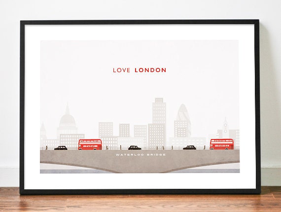 LONDON poster illustration art print LOVE city skyline bridge bus taxi hackney cab