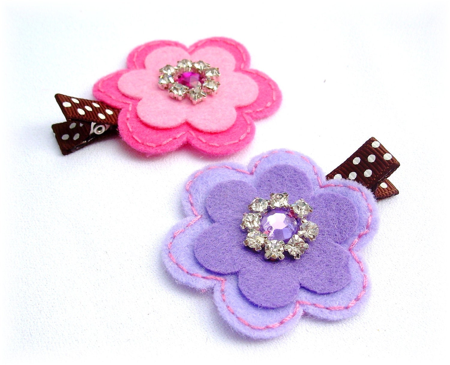 Sweet Daisy Swarovski Crystal handmade felt flower twin hair clips no slip grip available