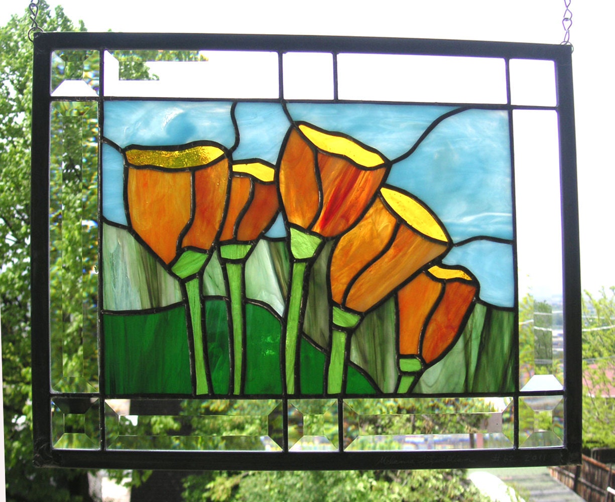 California Poppy Flowers Stained Glass by StainedGlassArtist