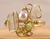 Cotton wire wrapped ring peridot aquamarine pearl 14K gold vermeil wire