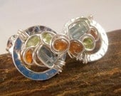Cobblestone sterling silver stud post earrings Earth brown jasper, aquamarine, and peridot semiprecious stones