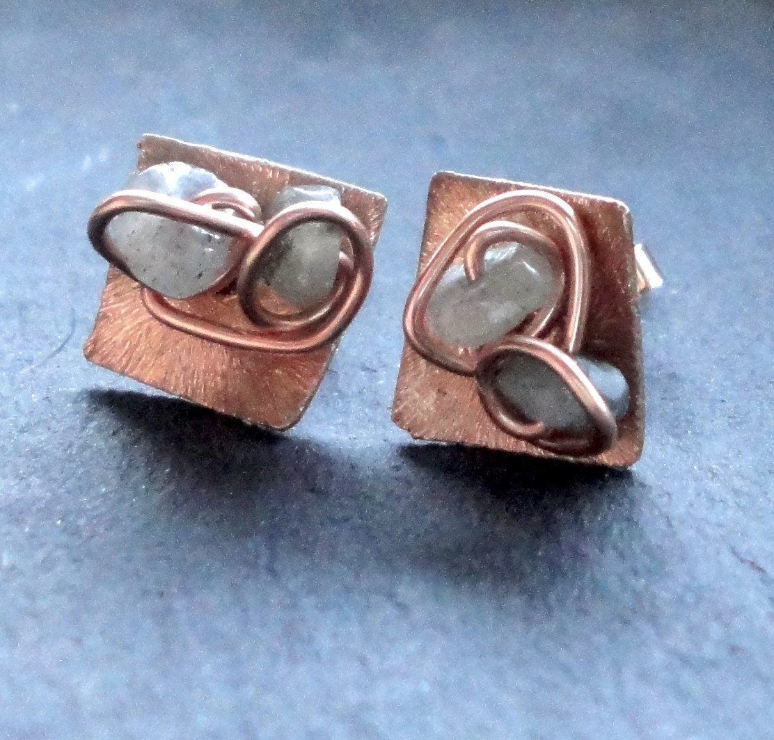 Rose gold stud earrings post earrings labradorite semiprecious stones- The Square Mini Lily Pad