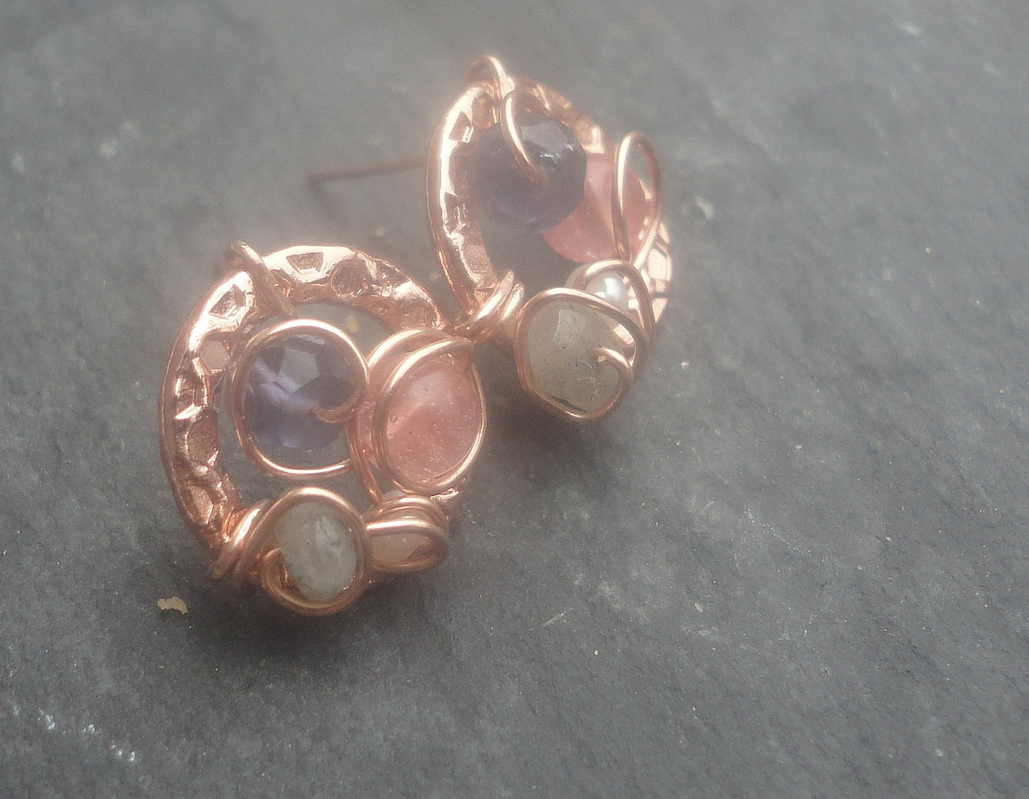 14K rose gold stud earrings-The Cobblestone iolite, labradorite, pearl, cherry quartz semiprecious stones You Choose The Stones