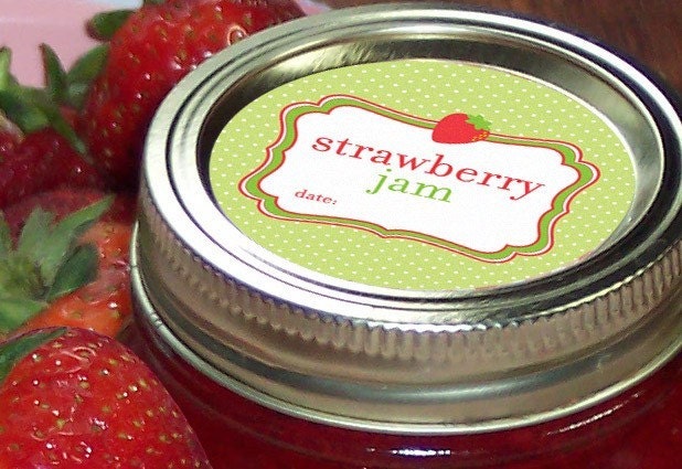Strawberry Jam Canning Jar labels, 2 inch round stickers for mason jars, fruit preservation