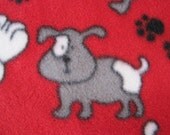Spotted Dogs and Paw Prints on Red With Gray Handmade Blanket