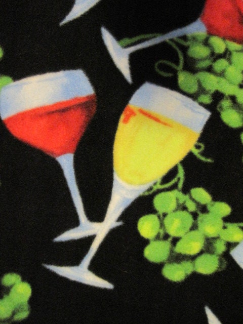Handmade Fleece Blanket with Wine Glasses and Grapes on Black with Blue