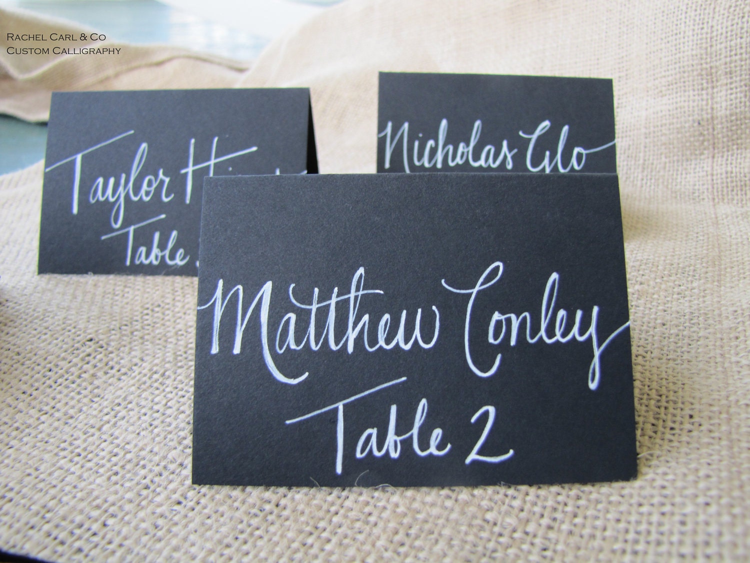 Wedding Black Name Place Cards, Escort Cards, Table Cards, Chalk board Place Cards with White Ink Custom Hand Wedding Calligraphy