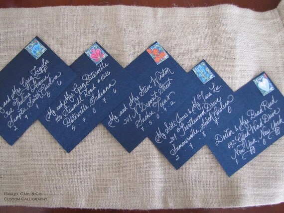 Custom Calligraphy Wedding Hand Addressed-Blue Envelopes with Silver ink