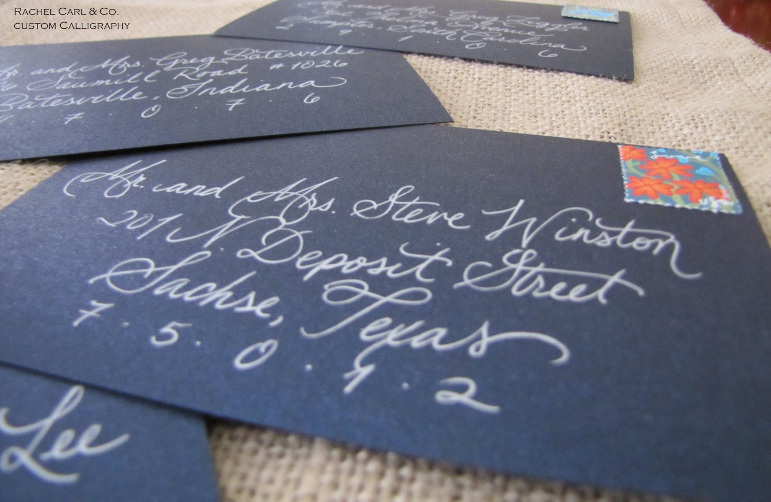Custom Calligraphy Wedding Hand Addressed-Blue Envelopes with Silver ink