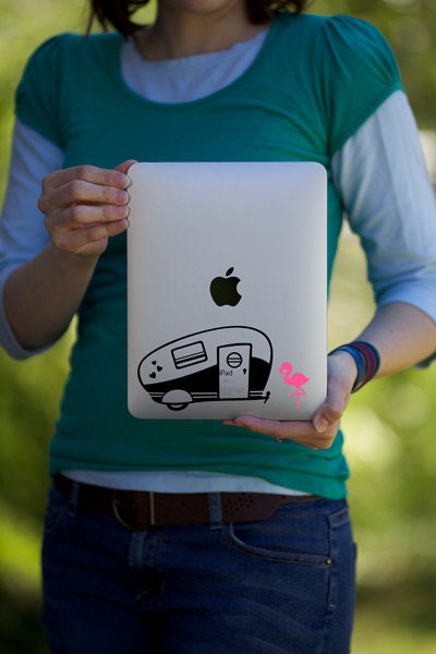 Travel Trailer with pink flamingo Retro iPad Decal / Macbook Decal / Laptop Sticker