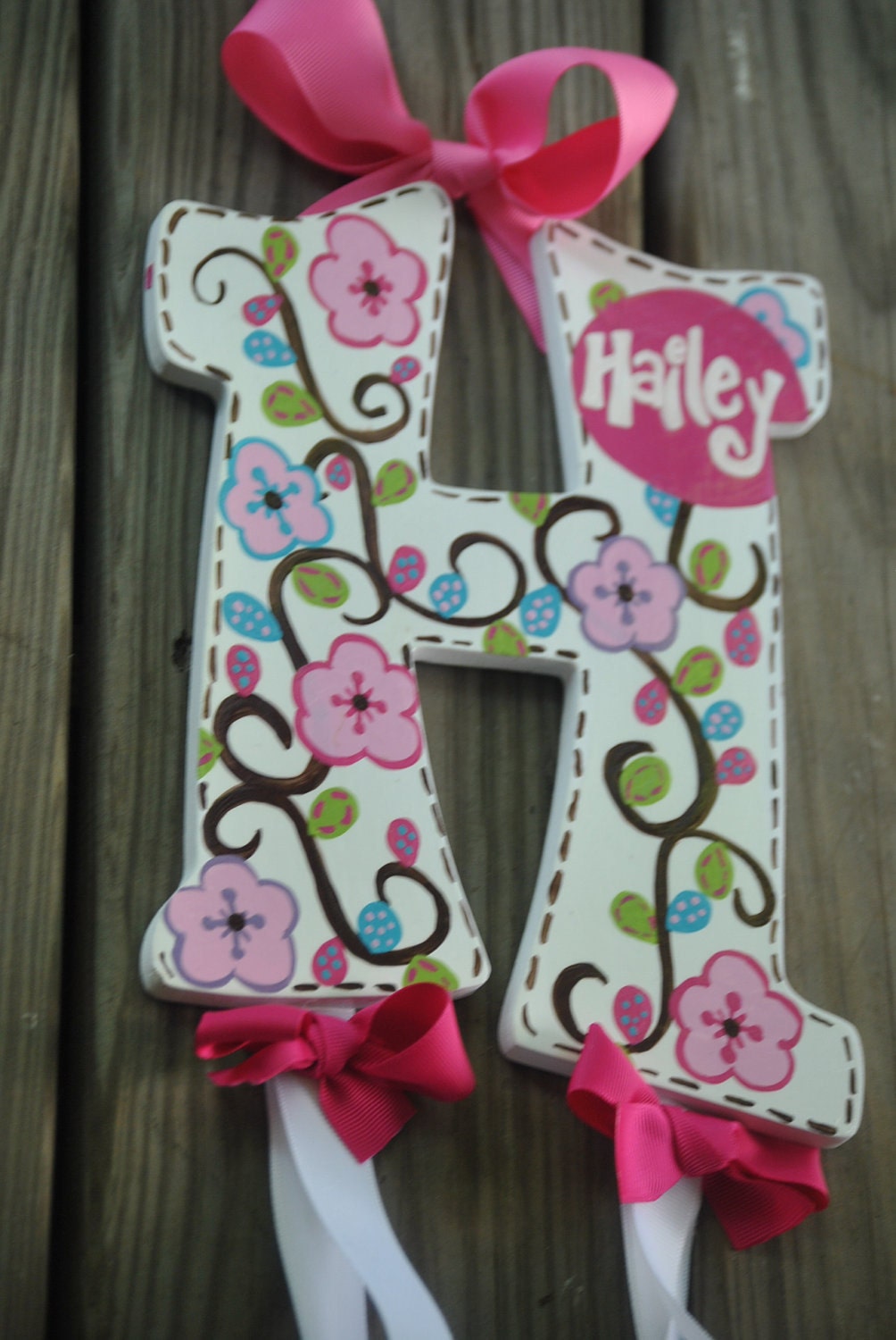 Bow Holder - FANCIFUL WHIMSY Design  - Initial  - Handpainted and Personalized Hairbow Holder