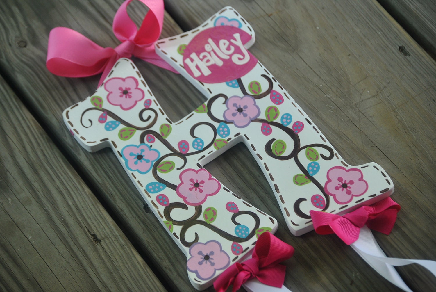 Bow Holder - FANCIFUL WHIMSY Design  - Initial  - Handpainted and Personalized Hairbow Holder