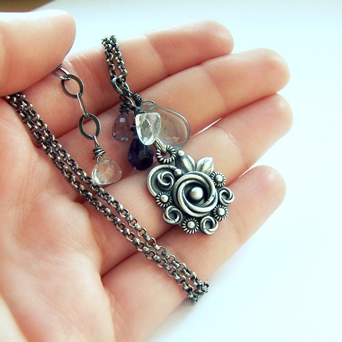 Silver gemstone necklace, bridal, romantic necklace, filigree flower necklace, metalsmith, aquamarine, amethyst , iolite