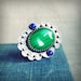 XL large sterling silver metalsmith ring with gemstones malachite and agate, blue green, filigree and flower metalwork, cabochon ring