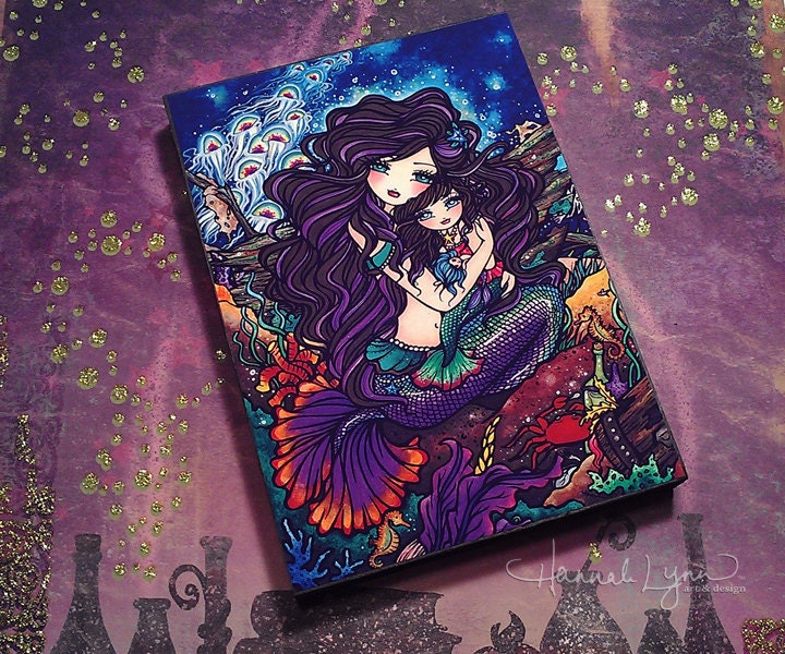 Wood Art Block 5x7 Mermaid Fantasy Art "Kathleen & Summer" by Hannah Lynn