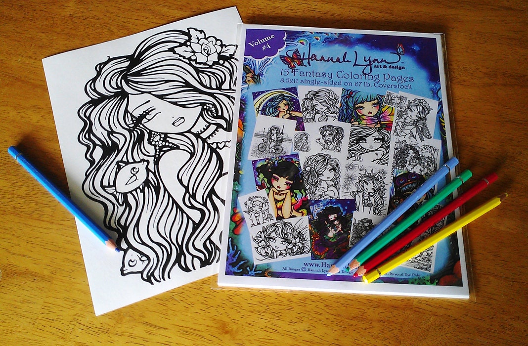 Vol 4 Fantasy Coloring Pages Book Pack Volume 4 Mermaid Fairy Art by Hannah Lynn