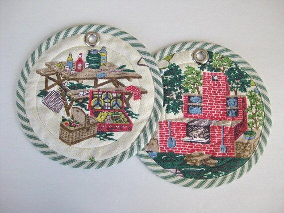 Pair Barbeque Picnic Barkcloth Quilted Potholders