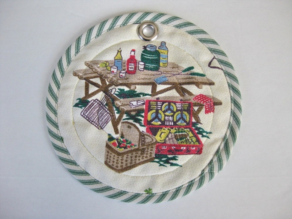 Pair Barbeque Picnic Barkcloth Quilted Potholders