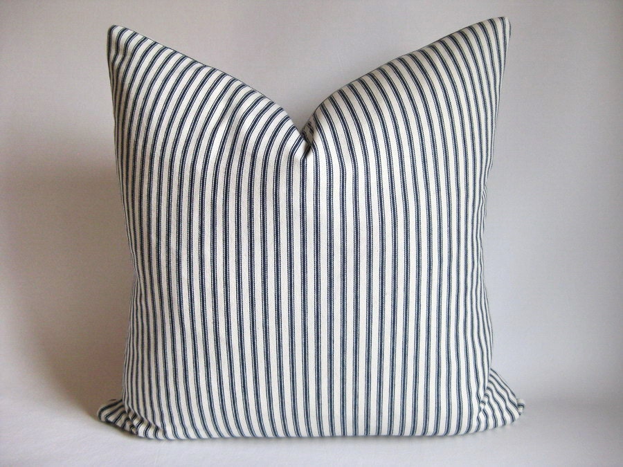 Pillow Cover Mitered Indigo Navy Blue Ticking Stripes