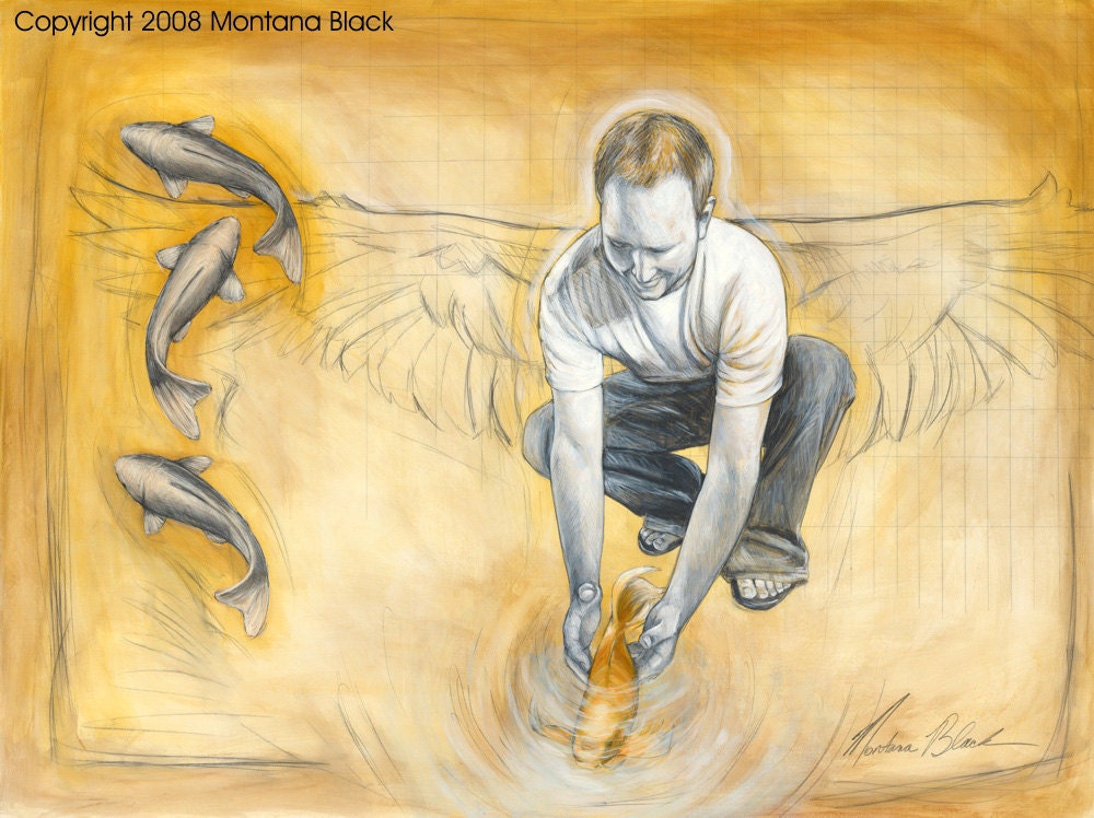 Angel Art - Fish Art - Art Prints - Angel With Koi Art Print "Jonathan" 16x20