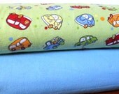 Green and Multi Color Car and Solid Blue Flannel Blanket Bundle, 2 yards