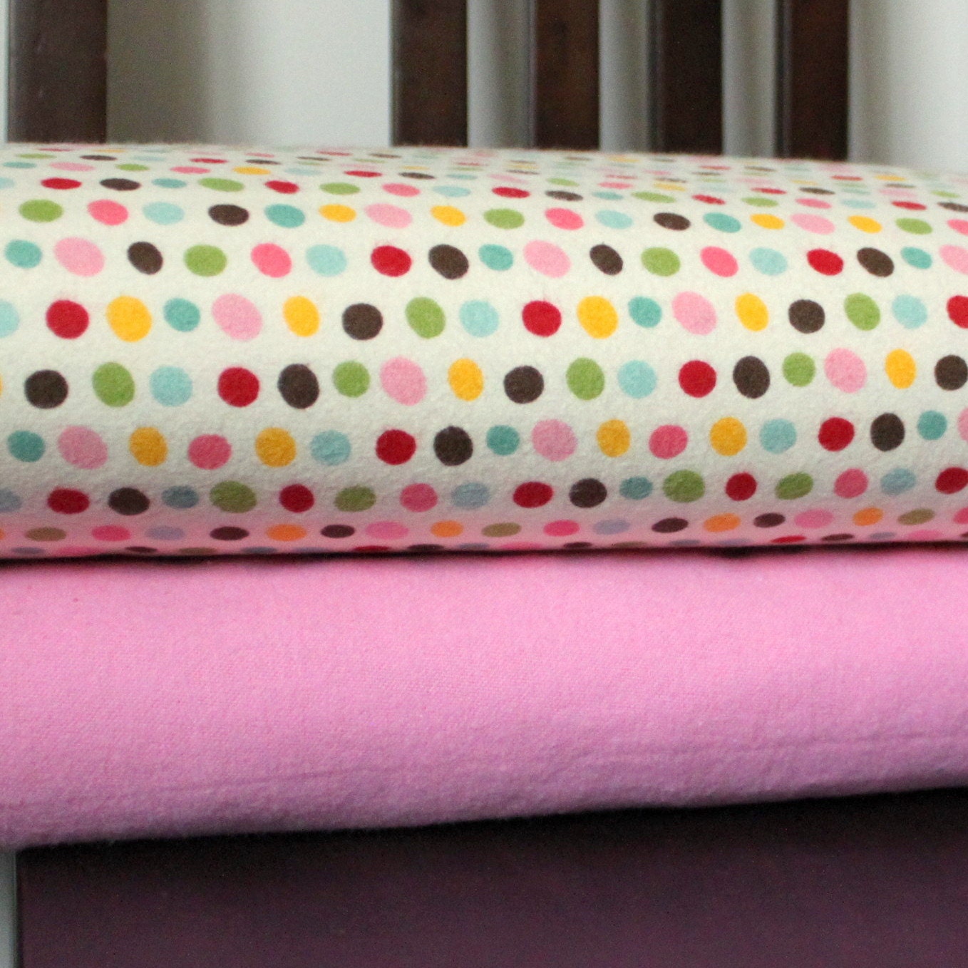 Multi Color Pink and Green Pretty Paisley Dot and Solid Pink Flannel Blanket Bundle, 2 Yards