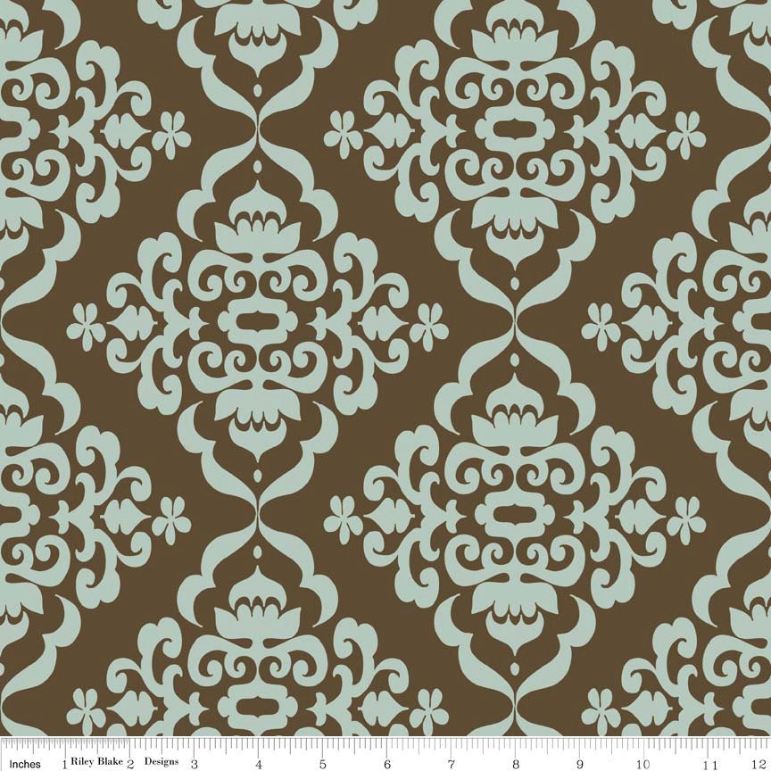 Blue and Brown Damask, Fiona's Fancy By Lila Tueller for Riley Blake, Damask Print in Blue, 1 yard