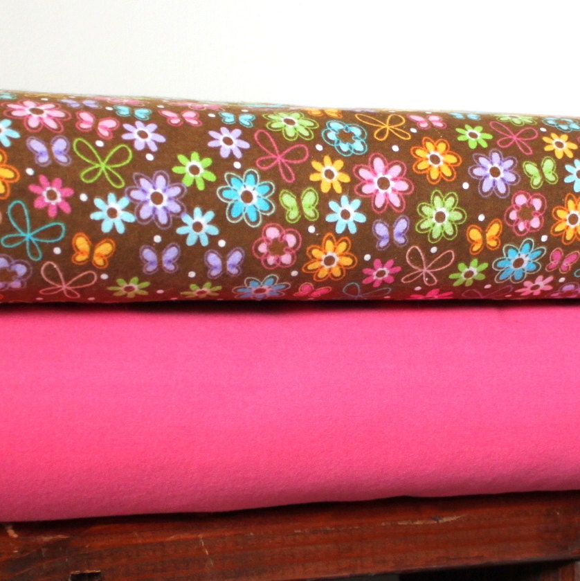 All A Flutter Butterfly and Flower Pink and Brown Flannel Blanket Bundle, 1 Yard