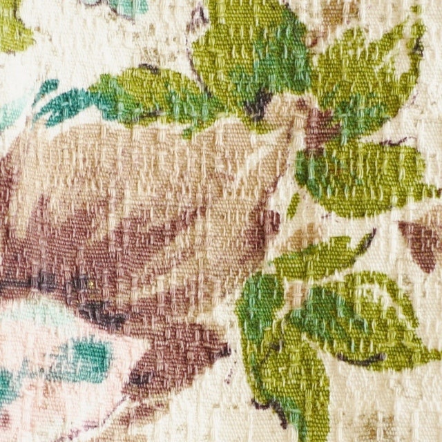 FABRIC VINTAGE BARKCLOTH Teal Green Pink Roses Brown Leaves Cream 44 x 78 1.9-lb