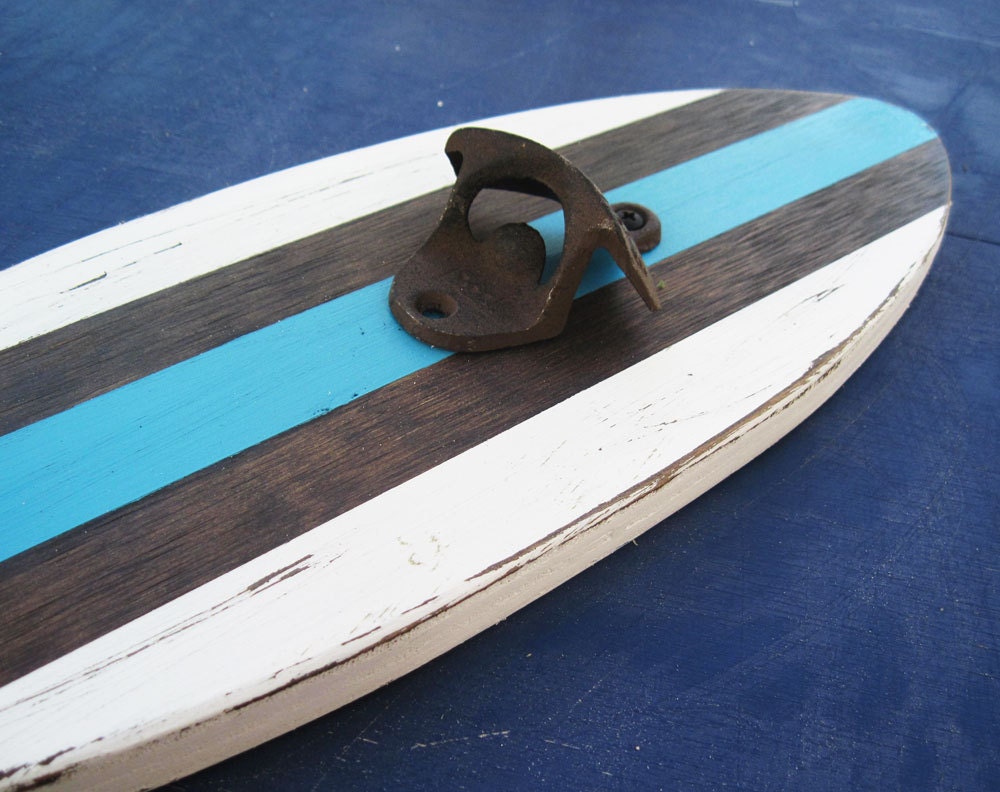 White and turquoise Surboard Wall Mount Bottle Opener