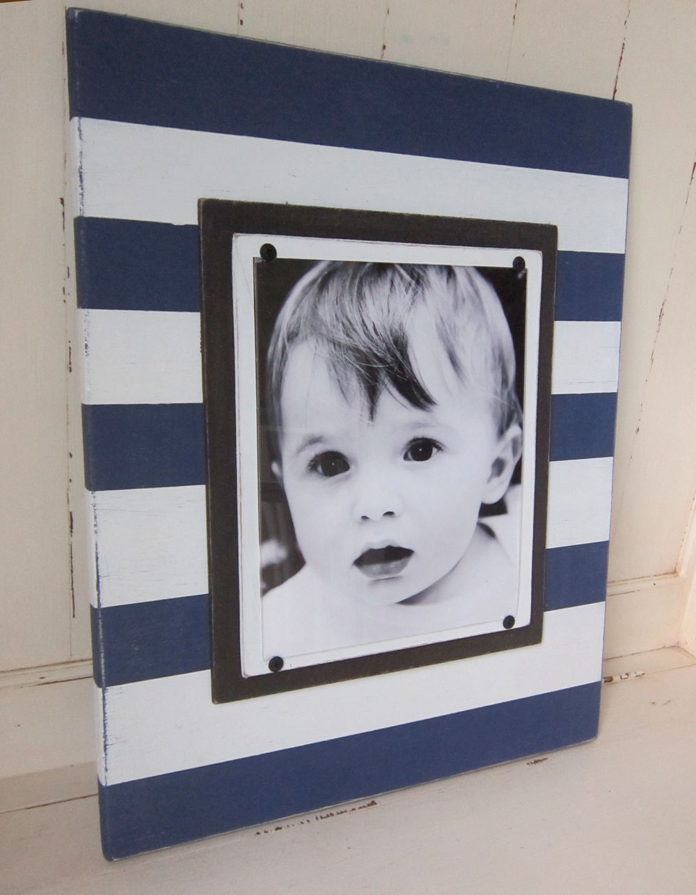 Large Navy Blue Wood Stripe Frame for 8x10