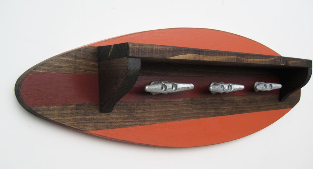 Orange and Red Wood Surfboard Shelf Coat Rack 28" with 3 Boat Cleats