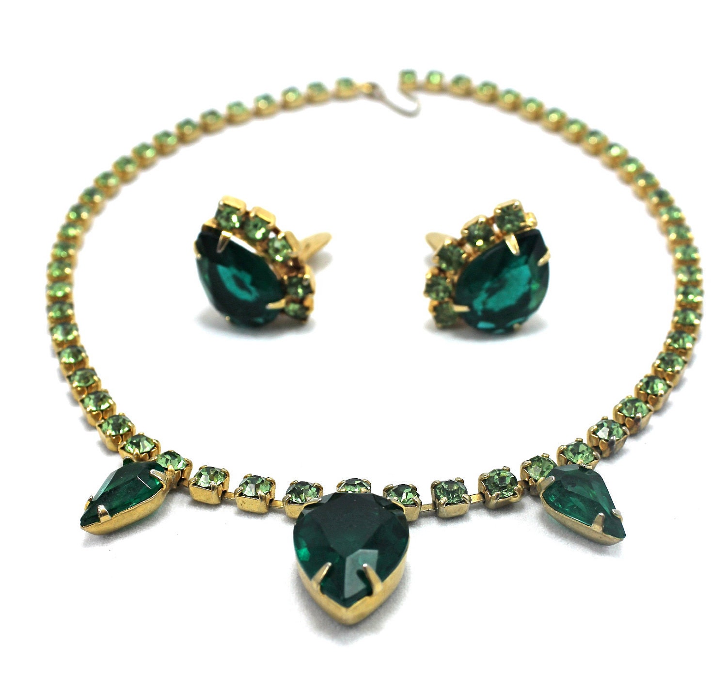 1950's Vintage Emerald & Lime Green Rhinestone Necklace Earrings Set