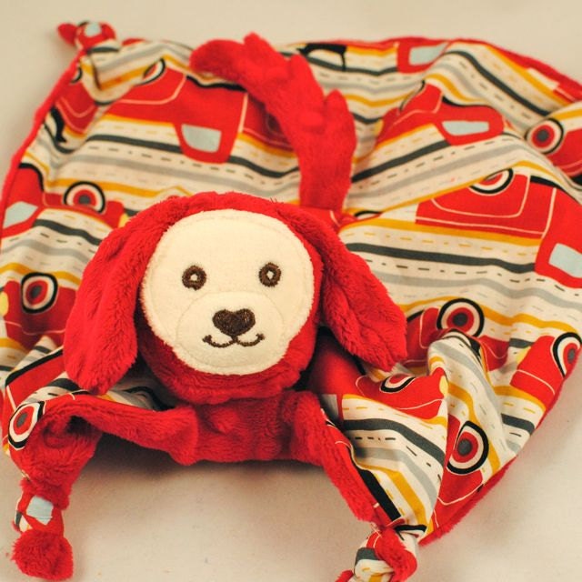 Reserved for a Great Customer, 18" Doggy Lovey, Red Minky Doggy Toy with Trucks and Pooches and Embroidery