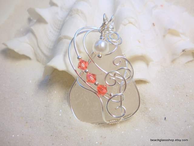 Sea Glass Beach Glass Wire  Wrapped Embellished  Pendant