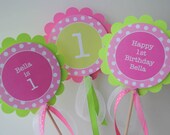 3 Centerpiece Sticks - Girls Birthday Decorations - Pink and Green Polka Dots